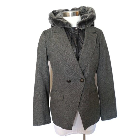Elizabeth & James Layered Down Rabbit Puffer Wool Blazer Coat Grey Medium - Picture 1 of 13